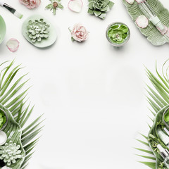 Wall Mural - modern natural skin care equipment with roses, succulents, facial mist water spray and green tropica