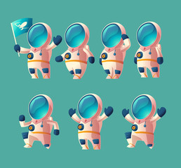 vector set of cartoon spaceman kid, moving cosmonaut in spacesuit, child in helmet isolated on blue 