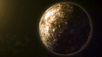 Poster - Uninhabited planet in deep space. Animation of planet in space. Rotating planet with reflection of sun light