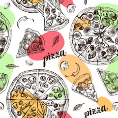 Wall Mural - Decorative seamless pattern with round pizza and pieces of pizza. Italian cuisine. Ink hand drawn Vector illustration. Composition of food elements for menu design.