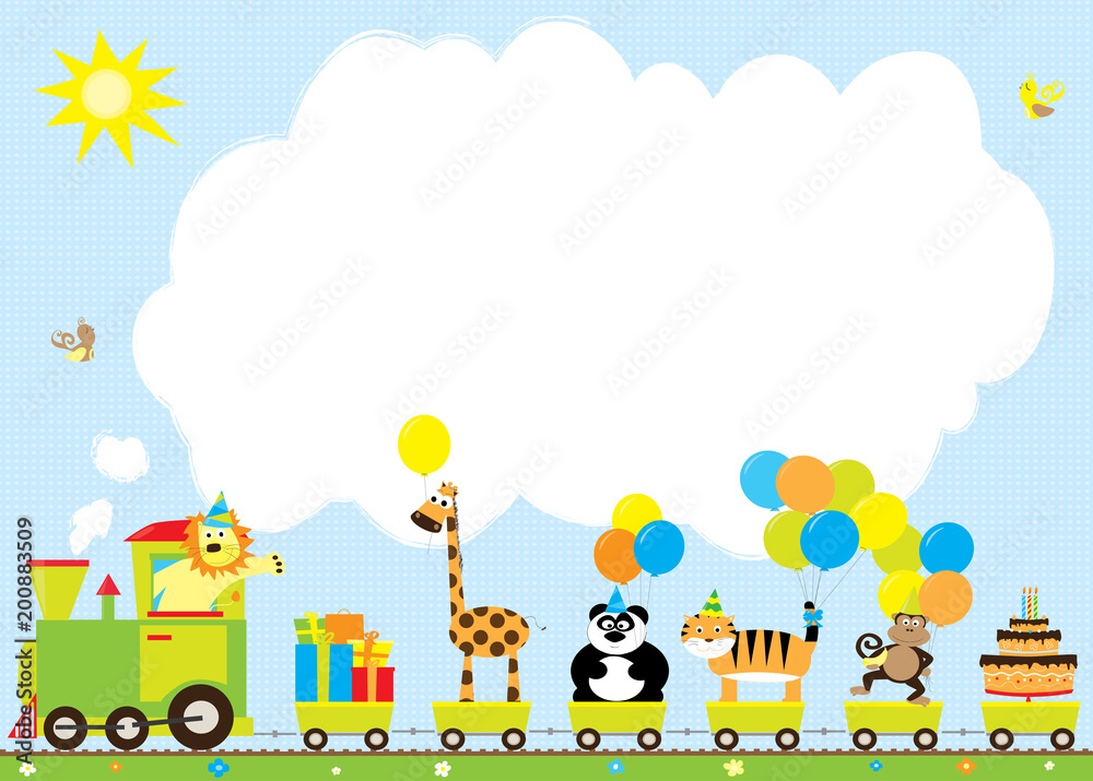 pociąg urodzinowy z balonami i zwierzętami, miejsce na tekst / życzenia urodzinowe, zaproszenie  - obrazy, fototapety, plakaty 