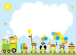 pociąg urodzinowy z balonami i zwierzętami, miejsce na tekst / życzenia urodzinowe, zaproszenie 