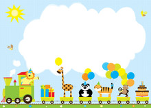 Pociąg Urodzinowy Z Balonami I Zwierzętami, Miejsce Na Tekst / życzenia Urodzinowe, Zaproszenie 