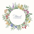 © Good Studio - Round frame or border decorated with colorful blooming wild meadow flowers, inflorescences and leaves. Gorgeous circular floral background. Botanical vector illustration in elegant vintage style.