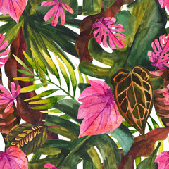 Wall Mural - Water color tropical floral painting seamless pattern.