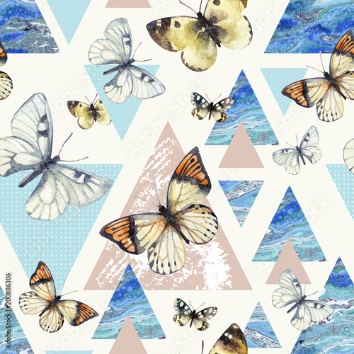 Obraz w ramie Watercolor triangles with butterfly and marble grunge textures