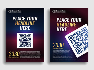 Collection of covers with a blue red gradient. Template for a book, magazine, banner, flyer, invitation, annual report. QR code. Gold letters. Vector illustration.