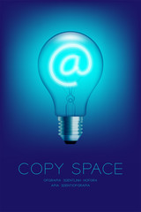 Wall Mural - Incandescent light bulb switch on set At sign, Email concept design illustration isolated glow in blue gradient background