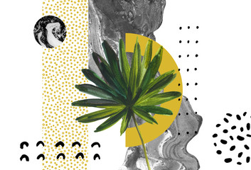 Wall Mural - Abstract background: dynamic black golden brush stroke, minimal elements, tropical leaf.