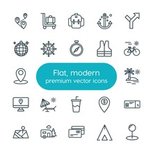 Modern Simple Set Of Location, Travel Vector Outline Icons. ..Contains Such Icons As  Map,  Travel,  Camp, Train,  Symbol, Map,  Knapsack And More On White Background. Fully Editable. Pixel Perfect
