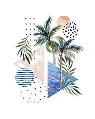 Wall Mural - Abstract poster: watercolor palm trees, leaves, marbling triangles