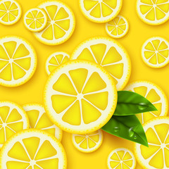 Wall Mural - Lemon yellow background. Sliced lemons pieces with leaves and water drop. Vector illustration.