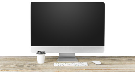 Wall Mural - Computer monitor black screen with keyboard on white table. Education or business concept