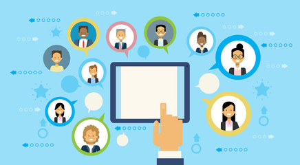 Poster - Hand Using Digital Tablet Computer Communicating With Business People Networking Concept Flat Vector Illustration