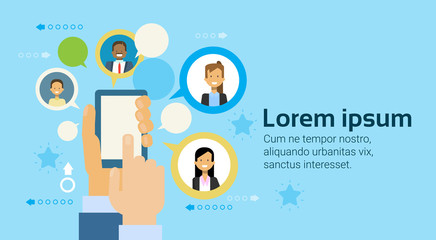 Poster - Hand Holding Smart Phone Or Digital Tablet Computer Business People Networking Icons Background Flat Vector Illustration