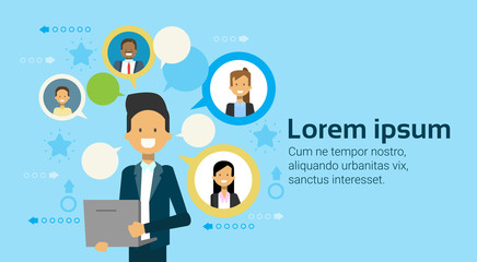 Poster - Businessman Using Laptop Computer Communicating With Businesspeople Team, Business People Networking Concept Flat Vector Illustration