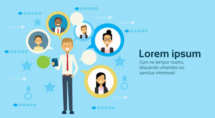 Poster - business man using cell smart phone communicating with businesspeople networking concept flat vector