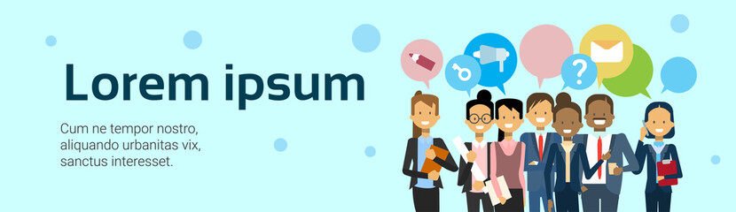 Poster - Group Of Business People Over Network And Marketing Icons In Chat Bubbles Horizontal Banner Flat Vector Illustration