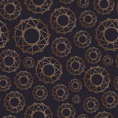 Poster - Abstract seamless pattern with geometric shapes of various size drawn with golden contour lines on black background. Geometrical backdrop. Vector illustration for wrapping paper, textile print.