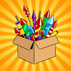 Box with fireworks pop art vector illustration