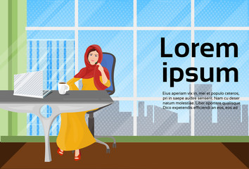 Poster - Muslim Business Woman In Traditional Clothes Working At Laptop Computer In Modern Office Vector Illustration
