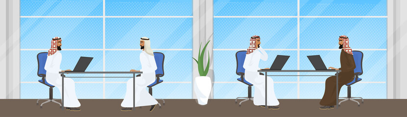 Poster - Group Of Arab Business People Working At Laptop Computers Sitting At Office Desks Vector Illustration