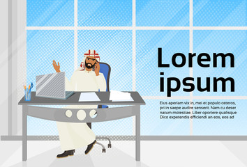 Poster - Arab Business Man Talk On Phone Sitting At Office Desk With Laptop Compute Vector Illustration
