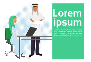 Poster - Arab Business Man Boss Standing At Businesswoman Secretary Working At Laptop Computer Vector Illustration