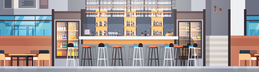 Modern Cafe Or Restaurant Interior With Bar Counter And Bottles Of Alcohol And Glasses On Shelves Horizontal Banner Flat Vector Illustraton