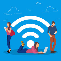 Poster - Wi-Fi concept vector illustration. People using devices for remote working and professional growth. Flat concept of young men and women using laptop for team work.