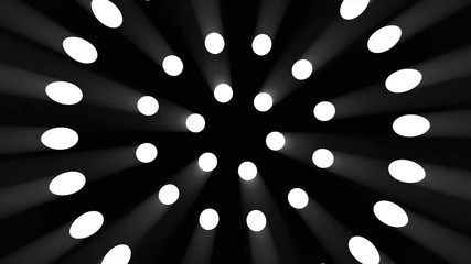 Poster - Animation of rotating circles made of spotlights on black background. Abstract background with animation of rotation circles and rings with light rays and glow. Animation of abstraction light tunnel