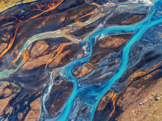 Aerial view and top view river in Iceland. Beautiful natural backdrop.