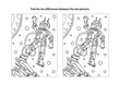 Space exploration themed find the ten differences picture puzzle and coloring page with astronaut or cosmonaut in outer space, rocket, stars, Earth
