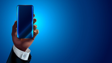 African American or Asiatic hand of the businessman in business suit holding a modern smartphone. Mock up blank. Empty screen of mobile application.