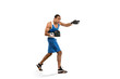 © master1305 - Sporty man during boxing exercise. Photo of boxer on white background
