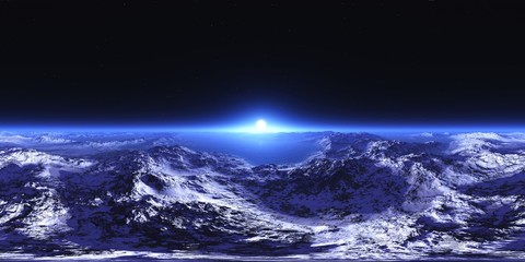 Wall Mural - hdri, round panorama, spherical panorama, sunrise over the planet, sunrise over the icy moon, 3d ren