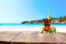Summer Drink On Desk And Beach Landscape 