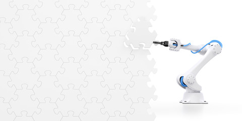 Aufkleber - Action Show Of Robotic Manipulator. Mechanical arm of an industrial robot assembling wall from pieces of jigsaw puzzle. 3d rendering graphic composition on the subject of 'Industrial Robotics'.