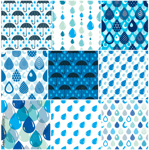 Rain drops and umbrellas seamless patterns set, weather ...