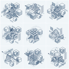 Poster - Abstract isometrics backgrounds, 3d vector layout. Compositions of cubes, hexagons, squares, rectangles and different abstract elements. Vector collection.