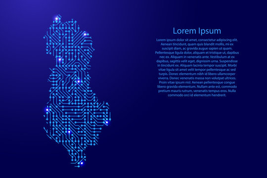 Map Albania from printed board, chip and radio component with blue star space on the contour for banner, poster, greeting card, of vector illustration.