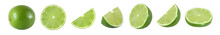 Collection Of Whole And Cut Lime Fruits Isolated On White Background With Clipping Path