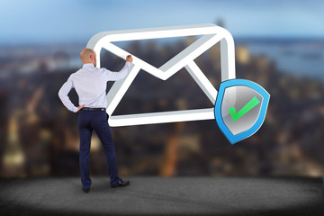 Poster - Businessman in front of a wall with Approved and verified Email symbol displayed on a futuristic interface - Message and internet concept