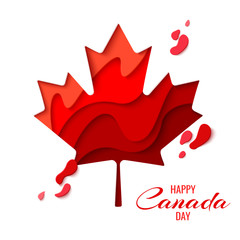 happy canada day vector holiday poster with red paper cut canada maple leaf. 1th of july celebration