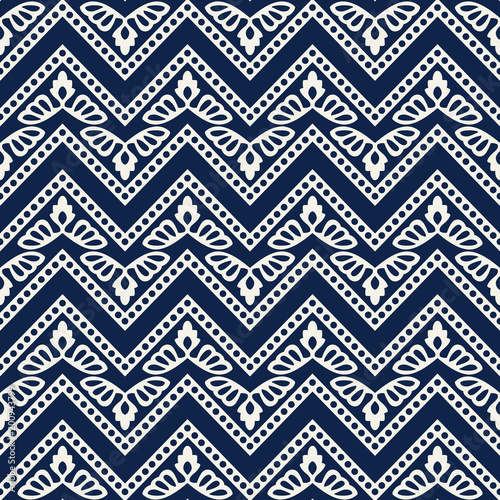 Woodblock Printed Indigo Dye Seamless Ethnic Floral Geometric Pattern Traditional Oriental Ornament Of India Kashmir Flowers With Chevron Motif Navy Blue On Ecru Background Textile Design Stock Vector Adobe Stock