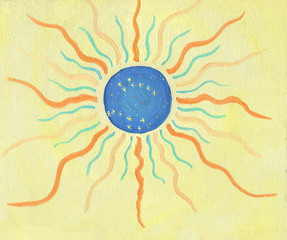 Oil Painting on canvas. A fabulous sun with rays and constellations in the center. Yellow warm sky. Texture of  brush strokes.