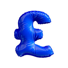 Blue Symbol Pound Sterling Made Of Inflatable Balloon Isolated On White Background.