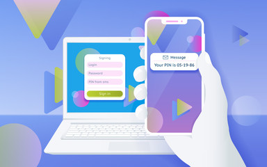 Multi-factor authentication (MFA) SMS code password. Man sitting at desktop and getting access to the website two step verification. Design concept from web banner and advertising. Vector illustration