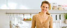 Smiling Young Housewife In Modern Kitchen