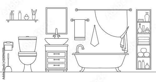 Linear vector bathroom. Plan of the restroom with furniture arrangement